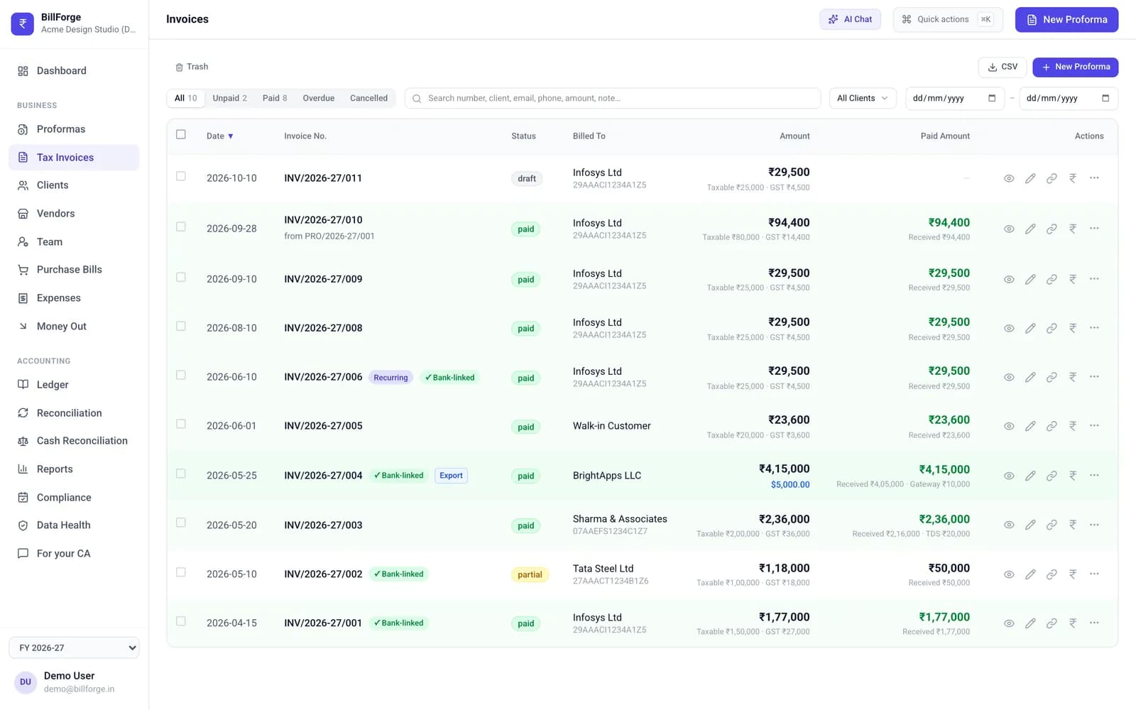 BillForge invoice list in the demo workspace showing status, taxable value, GST and received amount per invoice